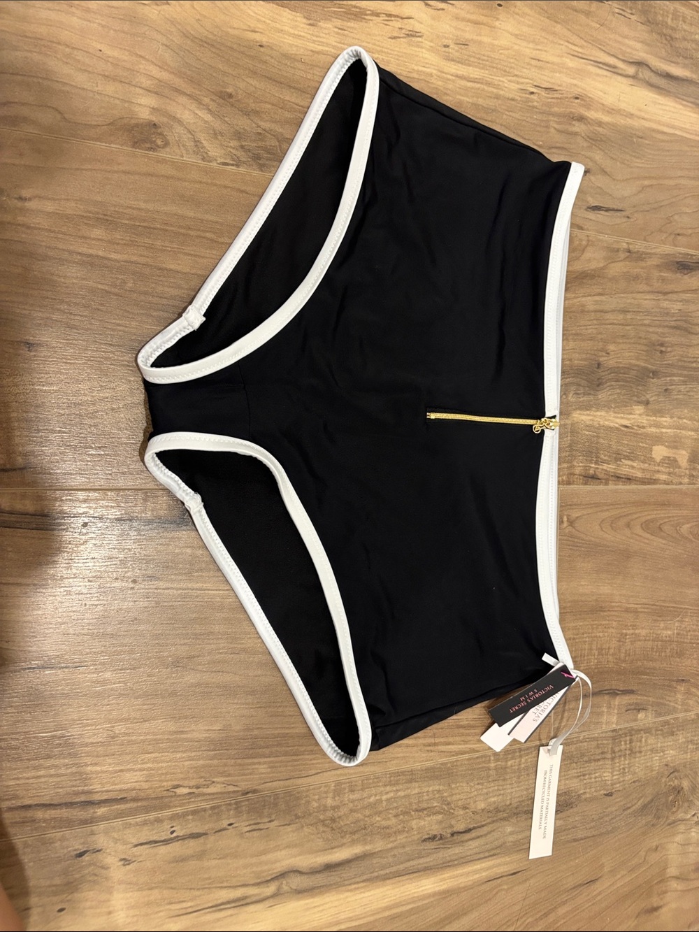 Victoria's Secret Black Bikini Bottoms with White Trim and Gold Zip Accent